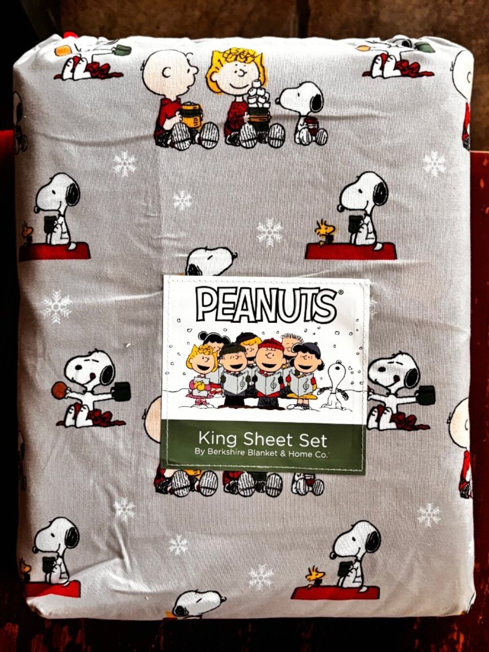 Peanuts Snoopy Christmas KING Size Sheet Set Hot Cocoa Snowflakes Woodstock